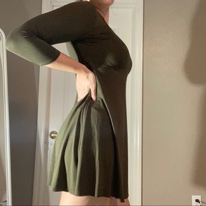 Olive Green Mini Day Dress with 3/4 Sleeves